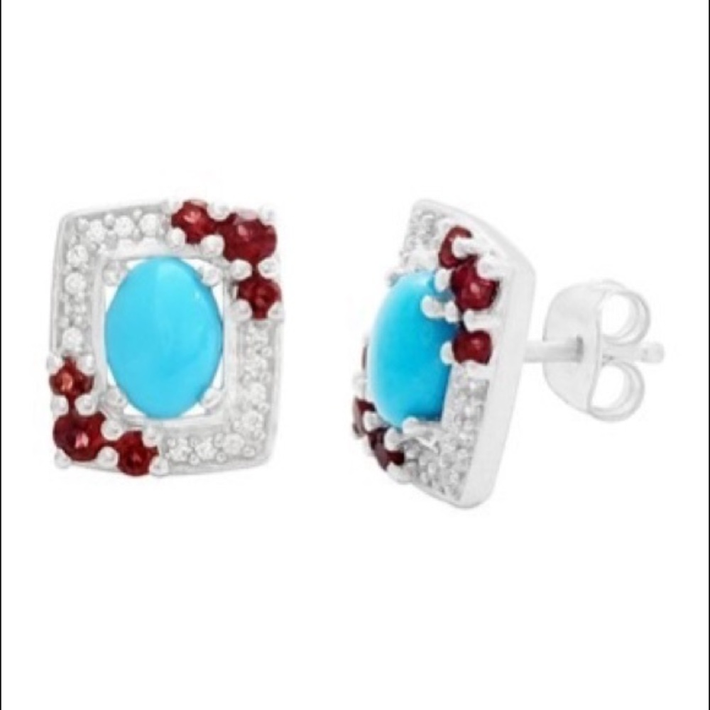 Savvy Cie Silver Turquoise&Rhodolite Stud Earrings